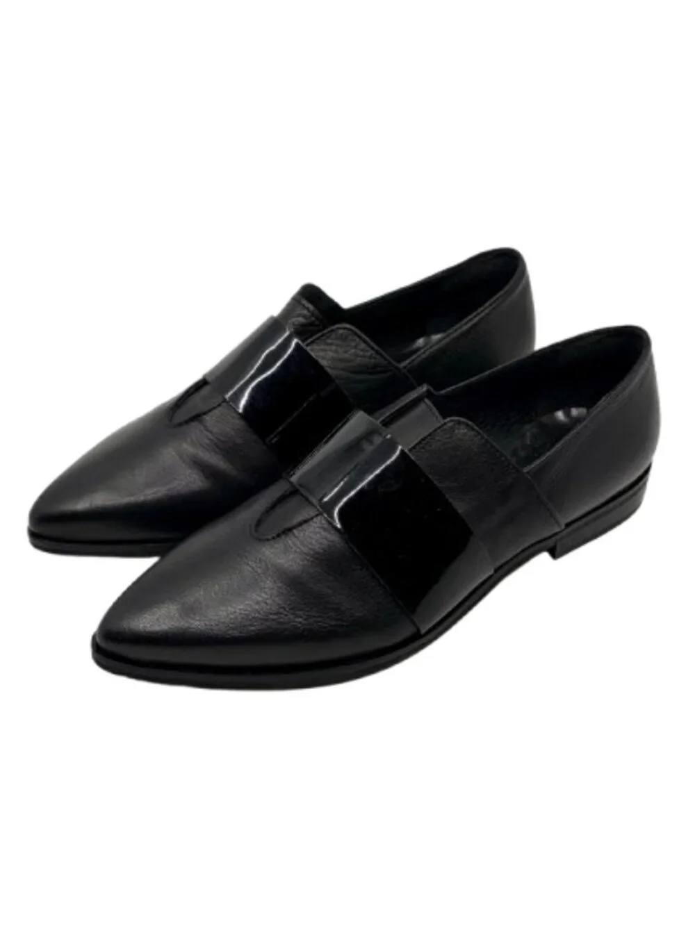 BARNEYS NEW YORK~Black Leather Pointed Toe Loafers Flats w/Patent Strap 38 / 7.5